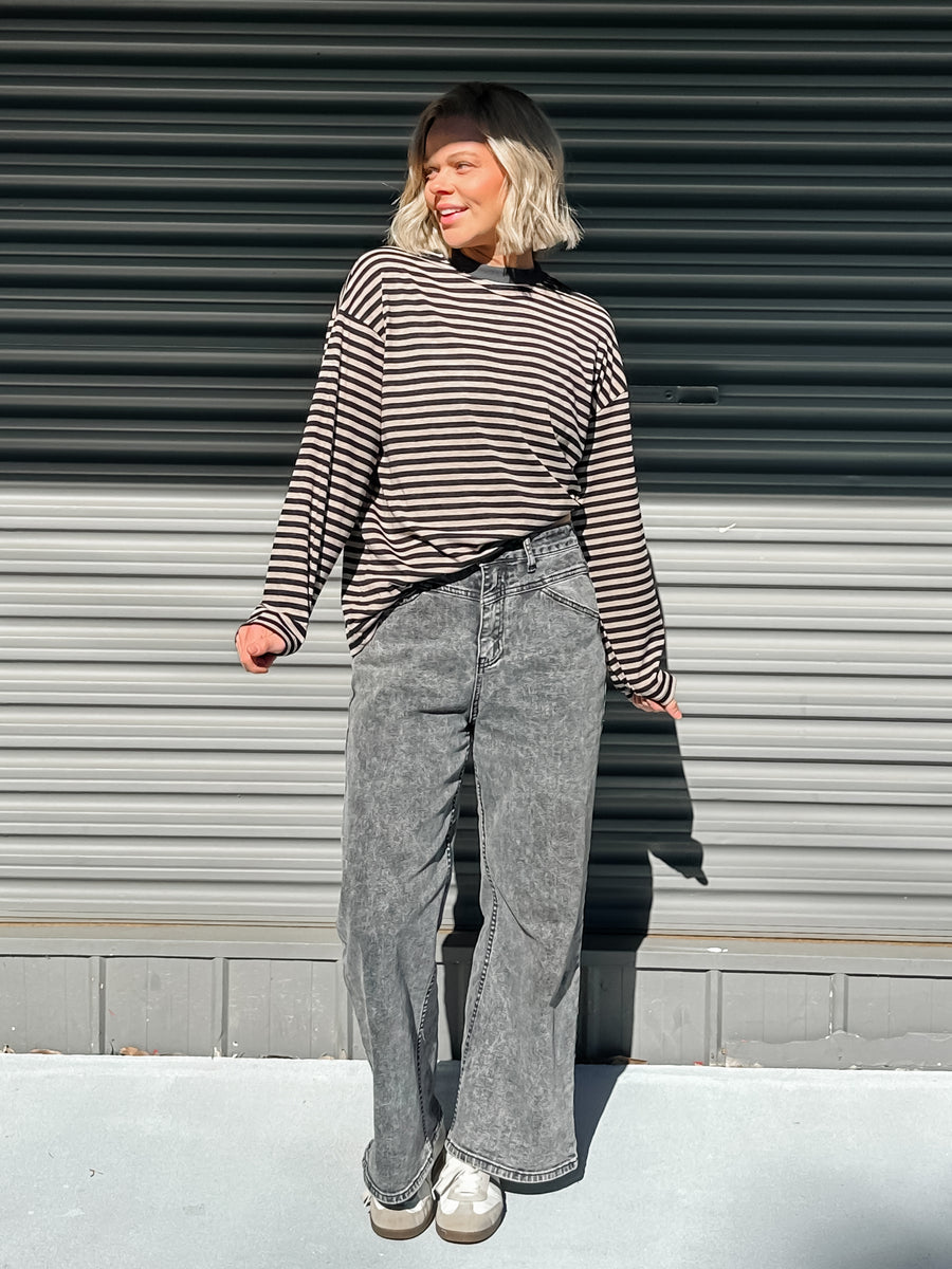 COOL GIRL CREW - BLACK & BEIGE STRIPE