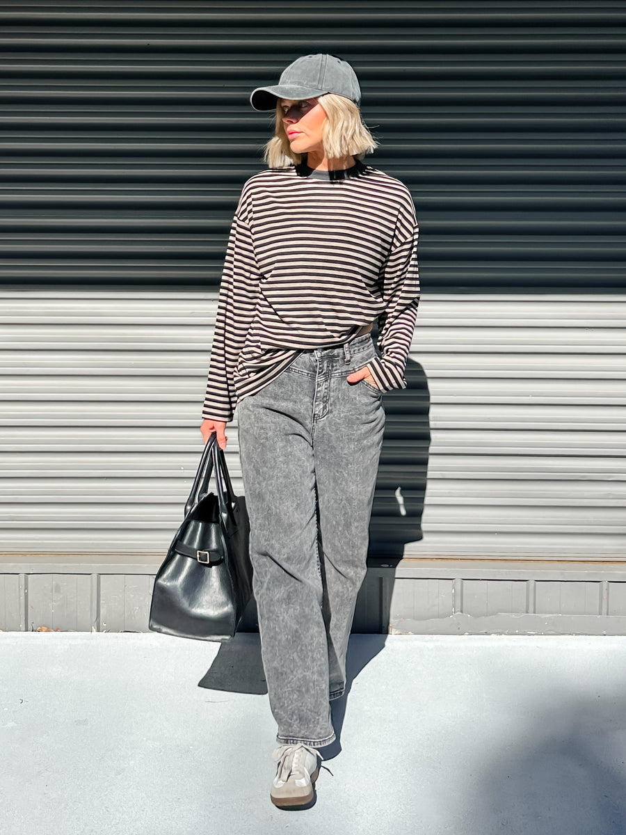 COOL GIRL CREW - BLACK & BEIGE STRIPE
