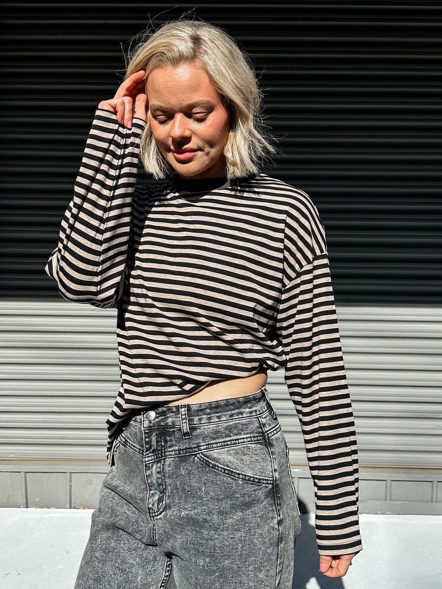 COOL GIRL CREW - BLACK & BEIGE STRIPE
