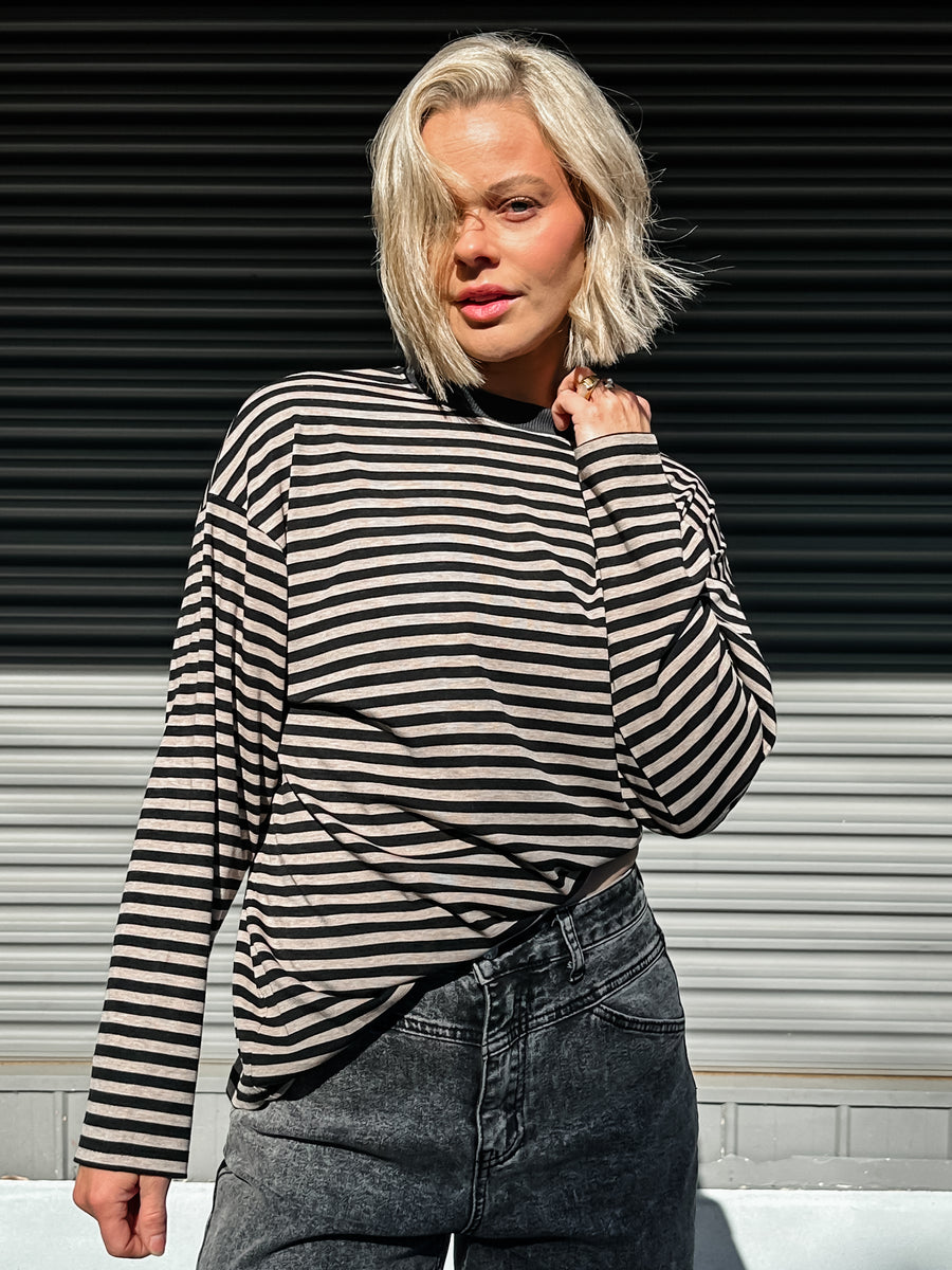 COOL GIRL CREW - BLACK & BEIGE STRIPE