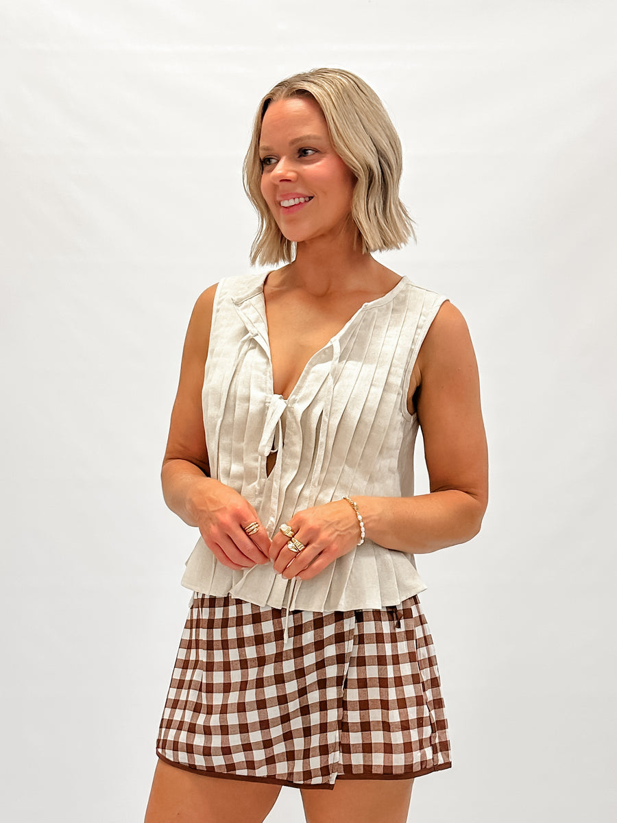 MIMI TIE FRONT TOP - OATMEAL