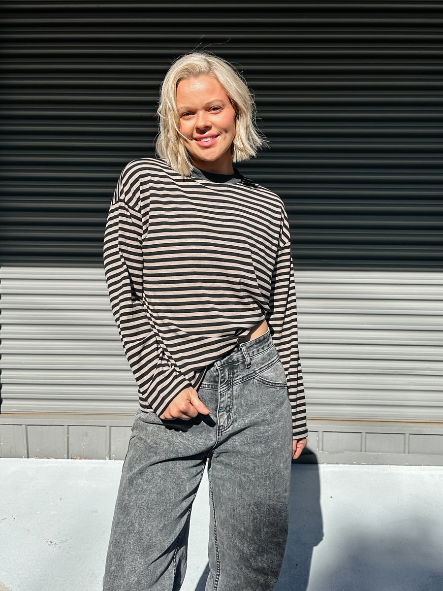 COOL GIRL CREW - BLACK & BEIGE STRIPE