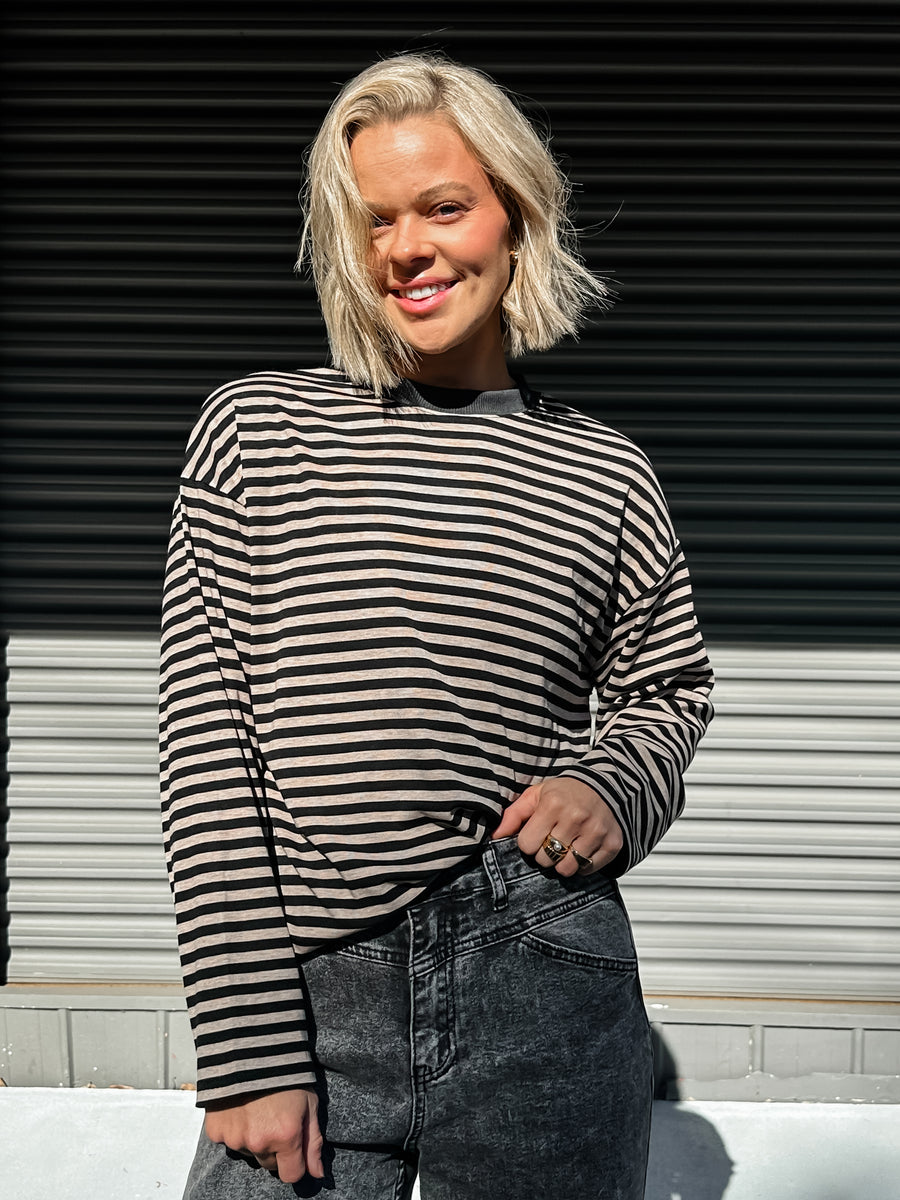 COOL GIRL CREW - BLACK & BEIGE STRIPE